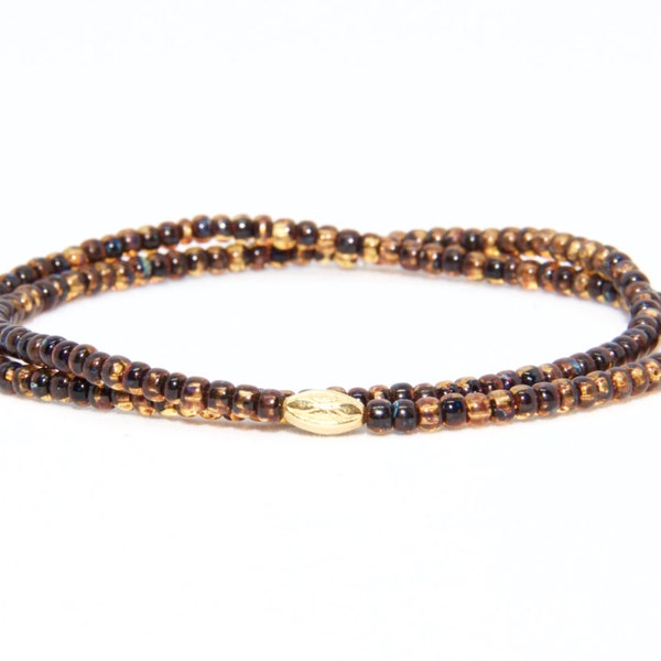 Bracelet de perles en or jaune massif 18K - plage Boho Stretch cordon - verre tchèque perles topaze brune couleur - hommes femmes cadeau unisexe lui son