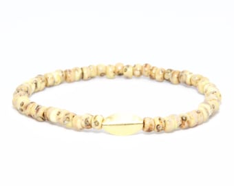 Beaded Bracelet in 18K Solid Yellow Gold - Beach Boho Stretch Cord - Glass Beige & Canary Yellow - Men Women Unisex Gift Him Her