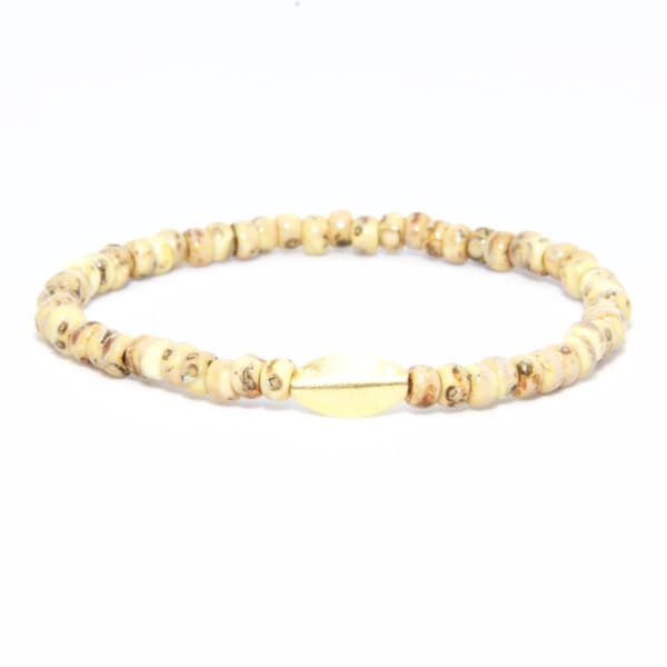 Bracelet de perles en or jaune massif 18K - plage Boho Stretch cordon - verre Beige & canari jaune - homme femme unisexe cadeau lui son