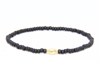 Beaded Bracelet in 18K Solid Yellow Gold - Beach Boho Stretch Cord - Czech Glass Matte Black - Men Women Unisex Gift Him Her