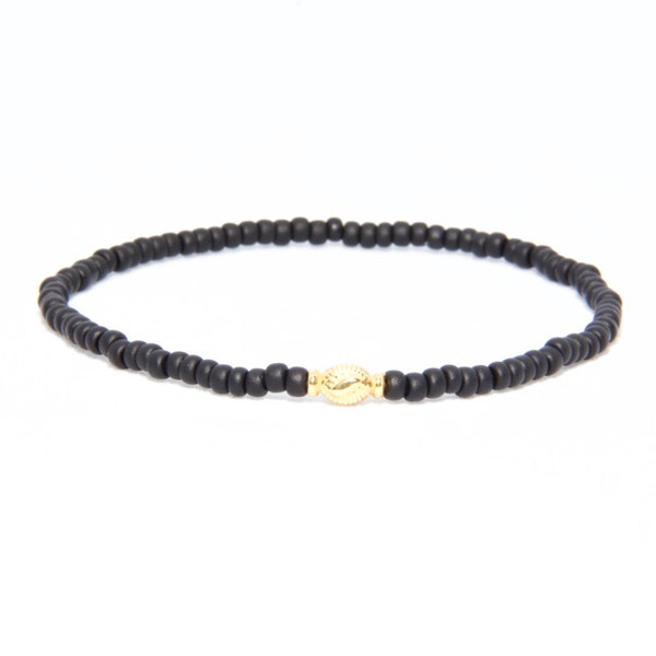 Bracelet de perles en or jaune massif 18K - Beach Boho Stretch cordon - verre tchèque noir mat - homme femme unisexe cadeau lui son