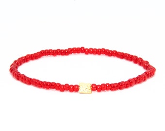 Beaded Bracelet in 18K Solid Yellow Gold - Beach Boho Stretch Cord - Red Glass - Men Women Unisex Gift Him Her