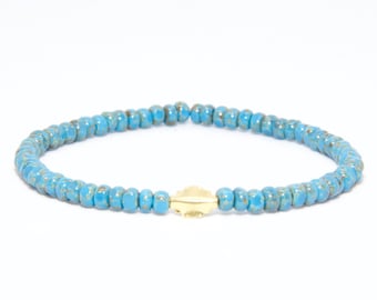 Beaded Bracelet in 18K Solid Yellow Gold - Beach Boho Stretch Cord - Glass Turquoise Light Blue Thin Beads - Men Women Unisex Gift Him Her