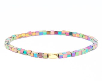 Beaded Bracelet in 18K Solid Yellow Gold - Beach Boho Stretch Cord - Multicolour Colorful Hematite - Men Women Unisex Gift Him Her