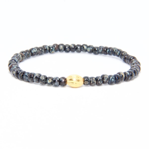 Bracelet de perles en or jaune massif 18K - plage Boho Stretch cordon - vieilli en verre noir - homme femme unisexe cadeau lui son