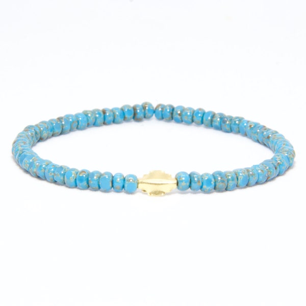 Bracelet de perles en or jaune massif 18K - plage Boho Stretch cordon - bleus clairs Turquoise fines perles de verre - homme femme unisexe cadeau lui son