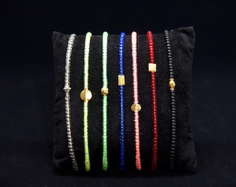 Beaded Bracelet in 14K & 18K Solid Gold - Beach Boho Stretch Cord - Neon (Green/ Pink/ Blue) Glass Beads - Men Women Unisex Gift Him Her