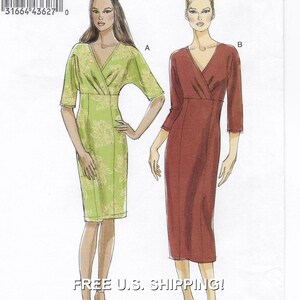 May include: A sewing pattern for a wrap dress with two different sleeve lengths. The dress on the left has a short sleeve and a floral print. The dress on the right has a three-quarter sleeve and a solid red colour. The pattern is labelled with the letters A and B.
