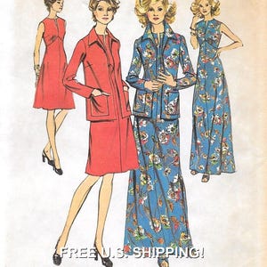 May include: Illustration of vintage women's fashion designs. The designs include a red suit, a red dress, and a blue floral print suit and dress. The image is a vintage fashion illustration.