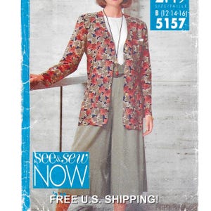 May include: A vintage sewing pattern featuring a woman wearing a floral print jacket, white top, and olive green culottes. The pattern includes the text "see & sew NOW" and size information.