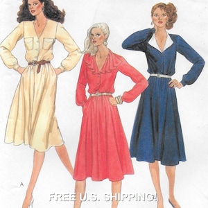 May include: Illustration of three dresses in different colors: cream, red, and navy blue. Each dress has long sleeves, a belt, and a skirt that falls below the knee. The cream dress has two pockets on the chest. The text "FREE U.S. SHIPPING!" is at the bottom.