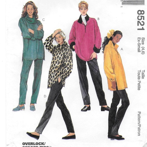 A Loose-Fit Top w/ Sleeve & Collar Variations, Elastic Waist Pants Pattern for Women: Uncut - Size XS (4-6) • McCall's 8521 ~ Free Shipping!