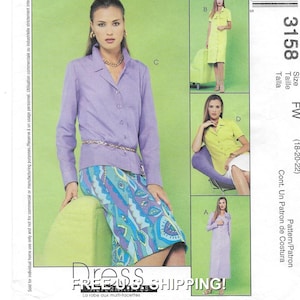 May include: A sewing pattern featuring a woman in a lavender button-down shirt, a patterned skirt, and a gold belt. The image includes additional smaller photos showcasing different dress styles. The text "FREE US SHIPPING!" is visible.