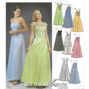 May include: Image of a pattern for formal dresses. Two women model the dresses, one in a light blue strapless gown and the other in a lime green gown. The pattern includes various dress designs in green, blue, yellow, black, pink, and white.