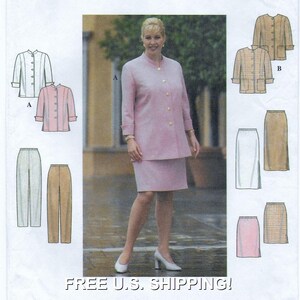 May include: A woman in a pink suit with gold buttons and a matching skirt. The image also shows illustrations of different suit and skirt styles, including a white jacket, a tan skirt, and striped pants. The text "FREE U.S. SHIPPING!" is at the bottom.