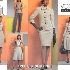 May include: A Vogue Wardrobe sewing pattern featuring women's suits and dresses. The image shows a woman wearing a tweed skirt suit with black gloves and a clutch. Other outfits include a sleeveless top and pants, and a dress.