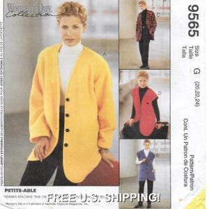 May include: A sewing pattern from Woman's Day Collection. The pattern features a woman wearing a yellow cardigan with black buttons, a red vest, and a blue vest. The pattern size is G (20,22,24).