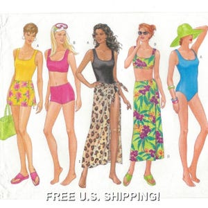 May include: Five women's swimsuit tops and bottoms with matching sarongs. The tops are all scoop neck and sleeveless. The bottoms are all high-waisted and come in a variety of colors and patterns. The sarongs are all long and flowy and come in a variety of colors and patterns. FREE U.S. SHIPPING!