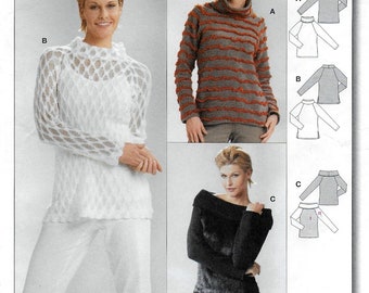 A Pullover, Long Raglan Sleeve Knit/Knit Fur Top w/ Neckline Variations Pattern for Women: Uncut - Sizes 10-12-14-16-18-20-22 ~ Burda 8423