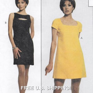 Puede incluir: Se muestran dos vestidos. Uno es un vestido negro sin mangas con un corte de ojo de cerradura en el escote. El otro es un vestido amarillo con mangas cortas y un escote cuadrado. El texto "FREE U.S. SHIPPING!" está en la parte inferior de la imagen.