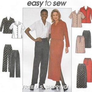 May include: A sewing pattern featuring various clothing designs, including shirts, skirts, and pants. The image showcases a woman in a white shirt and dark pants, and another in a rust-colored skirt suit. The text "easy to sew" is at the top.