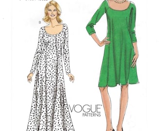 A Long or 3/4 Sleeve, Flared Skirt, Scoop Neck Dress Pattern for Women: Uncut - Sizes 8-10-12-14-16 ~ Very Easy Vogue 8592 ~ Free Shipping!