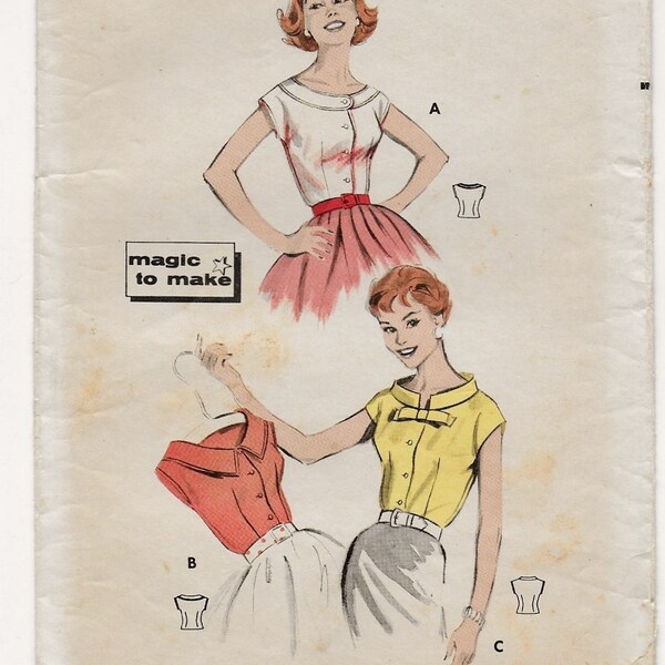 A Scoop-Neck, Cap Sleeve, Front Button Blouse with Neckline/Collar Variations Pattern for Women: Retro Size 12, Bust 32" • Butterick 8614