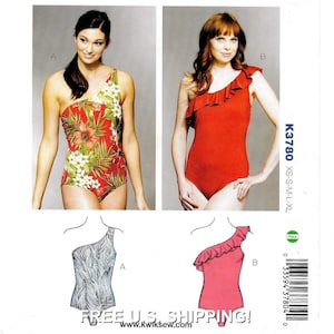 May include: Sewing pattern for a one-shoulder swimsuit with a ruffle detail. The pattern includes two different styles, one with a floral print and the other with a solid color. The pattern is available in sizes XS-S-M-L-XL. K3780
