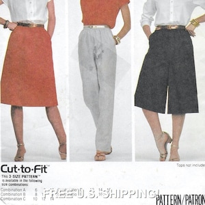 May include: A sewing pattern showing a skirt, trousers, and culottes. The pattern includes size combinations and the text "Cut-to-Fit". The image shows the garments being worn. Measurements are in inches.