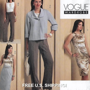 May include: Vogue Wardrobe sewing pattern showing women's clothing designs. The image displays a light blue jacket, brown trousers, a white top, and a patterned dress. The text "VOGUE WARDROBE" is visible.