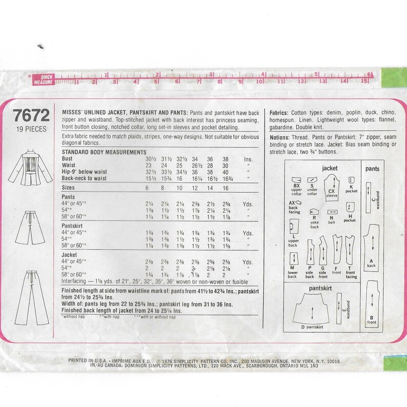 A Princess Seam, Back Tuck Detail Jacket, Culottes/Pantskirt, and Pants Sewing Pattern for Women: Uncut Size 12 Bust 34 Simplicity 7672 image 3