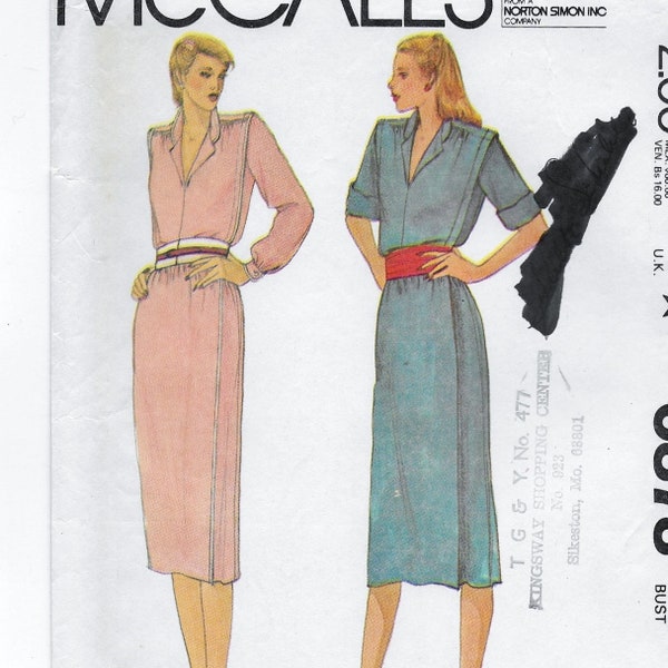 A Long or Roll-Up Sleeve Pullover, Elastic Waist Mock-Wrap Dress Sewing Pattern For Women: Uncut - Size 16, Bust 38" • McCall's 6878