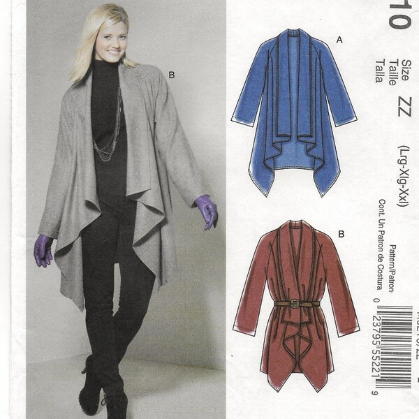 Een Flutter, Long-zijdige Hemline, lange mouwen, kraag jas patroon sjaal voor vrouwen: Onbesneden - maten L-XL-XXL (16-18-20-22-24-26) ~ McCall's 6210