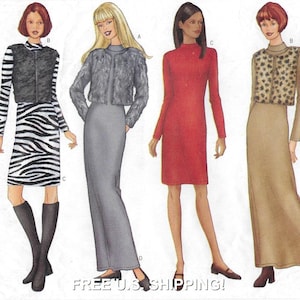 May include: Illustration of four women's fashion ensembles. The outfits include a zebra-print skirt, a red dress, a long gray skirt, and a tan skirt. The outfits are paired with jackets and boots. The text "FREE U.S. SHIPPING!" is at the bottom.