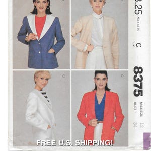 May include: A pattern for women's blazers. The image shows four different blazer styles in various colors, including blue, red, white, and beige. The pattern includes bust sizes 34 and 12. The text "FREE U.S. SHIPPING!" is visible.