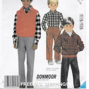 May include: A vintage sewing pattern featuring illustrations of three young people in different outfits. The outfits include a plaid shirt, a vest, and a zip-up jacket. The pattern is labeled "DONMOOR" and includes the text "Sweater not included".
