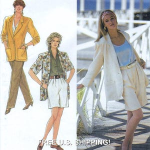 May include: Image of vintage fashion illustrations. One shows a woman in a yellow blazer and brown pants. Another depicts a woman in a floral print shirt, green shirt, and white shorts. The third shows a woman in a cream-colored blazer and shorts.