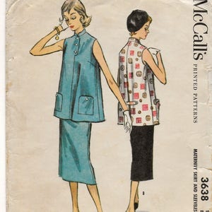 A Retro Maternity Pattern: Sleeveless Tent Top w/Mandarin Collar, Tab Close & Back Belt and A-Line Skirt - Size 12, Bust 30" • McCall's 3638