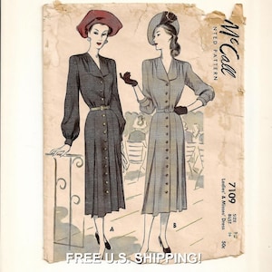 A Pleated Skirt, Rounded Collar, Front Buttoned Day Dress Sewing Pattern for Women: Retro Size 16, Bust 36&quot; • McCall 7109 ~ Free Shipping!
