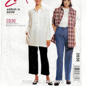 May include: A McCall's sewing pattern, number 2836, featuring a white button-down shirt, black pants, a red and black plaid shirt, and blue pants. The pattern includes sizes XS(4-6), S(8-10), and M(12-14). The text "stitch 'n save" is visible.