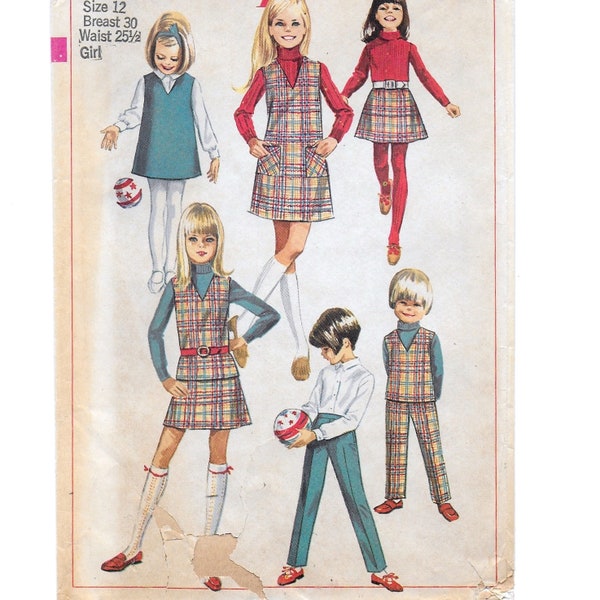 An A-Line, V-Neckline Sleeveless Jumper or Top, A-Line Skirt & Pants Sewing Pattern for Girls: Size 12, Breast 30" • Simplicity 7785
