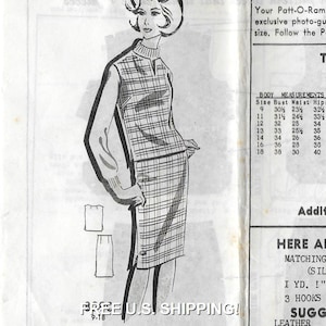 May include: A black and white plaid dress and matching top with a V-neckline. The dress and top are shown on a model. The image includes a size chart with bust, waist, and hip measurements in inches.