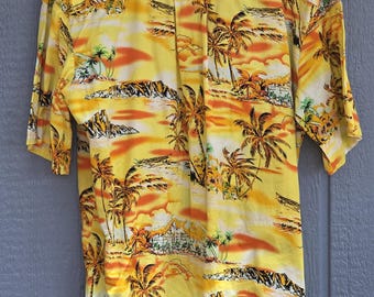 Mens Hawaiian Shirt - Palmwave Vibrant Yellow Orange White Black Cotton Print Large