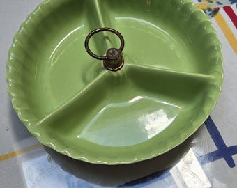 Vibrant Green Mid-century (60s) California Pottery Chip/Dip Sectioned Bowl