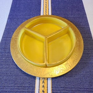 Gold Plated Yellow Glass w/Etched Rim- Rare Wedding Gift 60 + years Ago