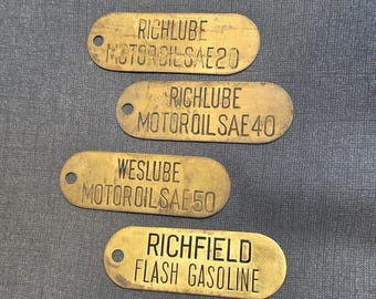 Richfield Oil Product Tags (Lot of 4) Solid Brass - Flash Gas-Weslube 50-Richlube 40 -Richlube 20 1940s