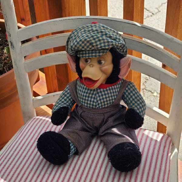 Vintage Rubber Faced Plush Monkey Train Conductor Blue Gingham Hat