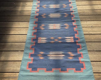 Vintage Kilim Runner – Geometric Flat Weave, Coral, Blues, Rust, 8'x3.5'