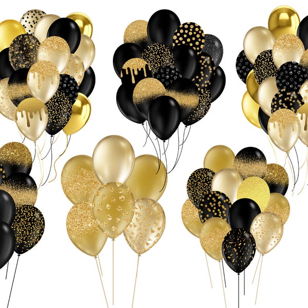 Black Gold Balloon Bundles Bouquet png Clipart | Digital Download PNG | Transparent