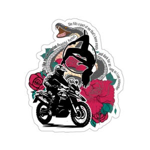 May include: A black and white illustration of a motorcycle, a snake, and a woman doing an aerial silks performance. The text "She's like my own sunrise. Beautiful. Perfect. She fills a part of me that's been empty and dark for as long as I can remember." is written around the image.